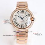 Replica TW Factory Cartier Balloon Bleu Watch Silver Textured Dial Rose Gold Dual Diamond Bezel